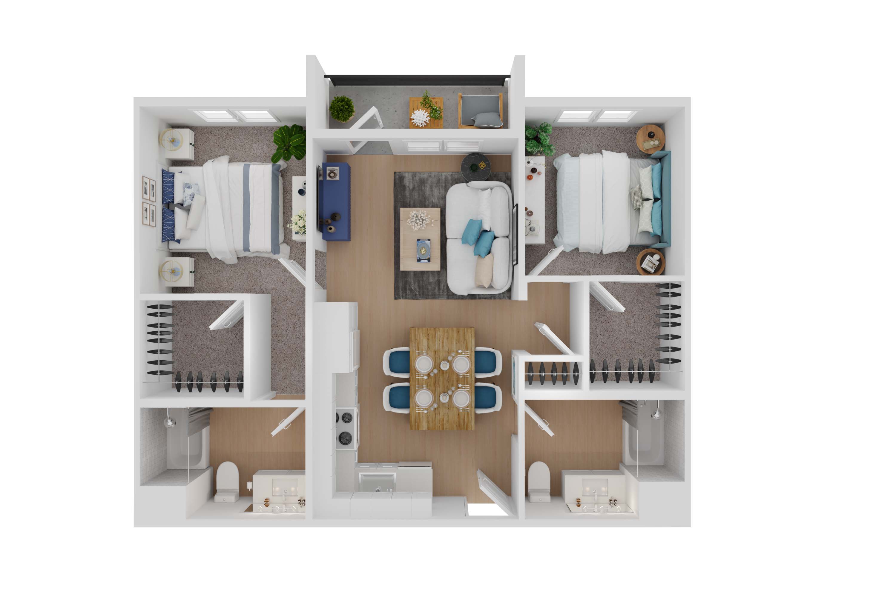 3D two bedroom floorplan with furniture
